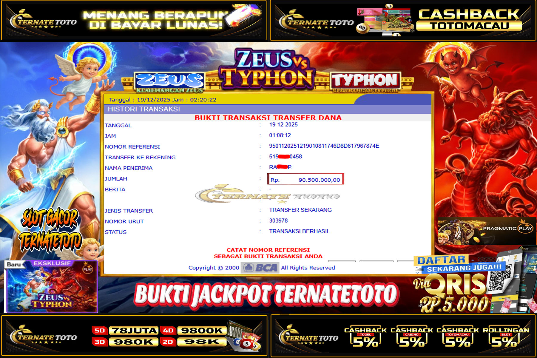 TERNATETOTO - ZEUS VS TYPHON DI PRAGMATIC Rp.90,500,000,-
